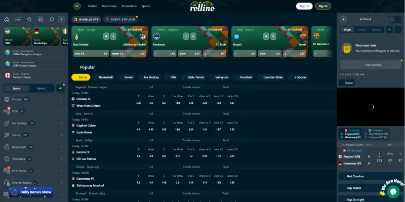 sports Betting page at rollino casino